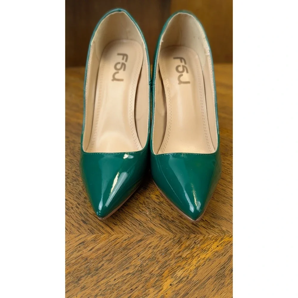 FSJ Green Patent Leather Faux Rhinestones Large Faux Emeralds Encrusted Heels 7 - Picture 4 of 11